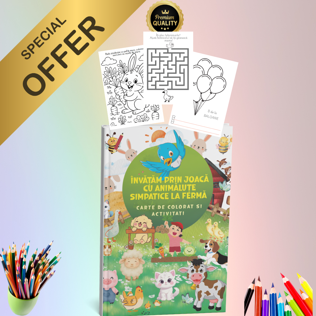 Carte digitala de colorat – Invatare prin joaca cu animalute simpatice la ferma _ 89 pagini interior