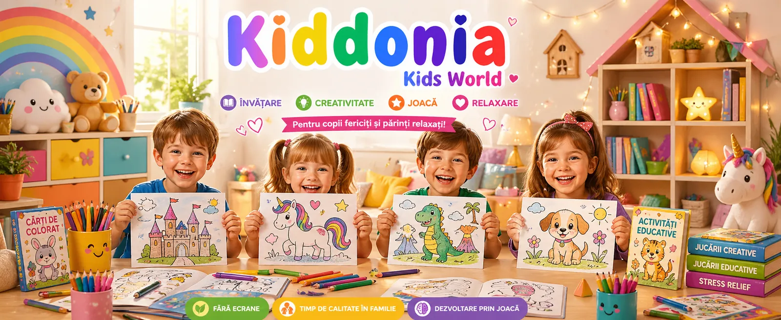 Patru copii arătând desenele colorate într-o cameră plină de cărți de colorat, creioane și carioci Kiddonia
